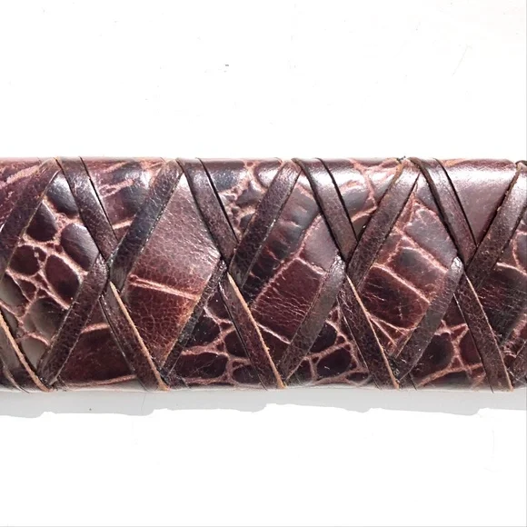 Brighton Brown Leather Belt Men size 40 Woven Embossed Silver Tone Buckle 7A208 - Picture 3 of 9